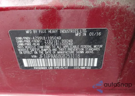 2016 Subaru Impreza 2.0I from USA, damaged, VIN JF1GPAA68G8253118